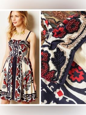 Anthropologie Yoana Baraschi red white blue beaded sleeveless cotton dress 4